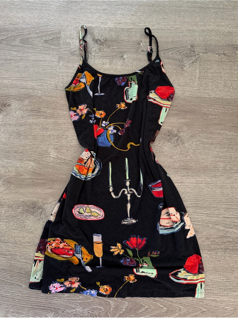 Lisa Says Gah Black Slip Dress with Multicolor Dinner Motif